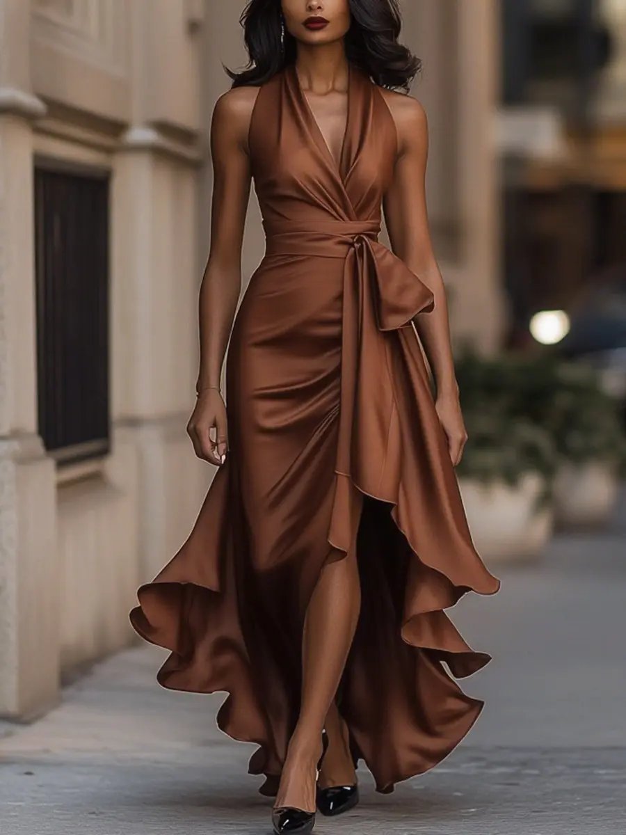 Satin Halter Wrap High-Low Ruffle Cocktail Party Dress in Brow