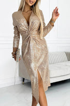 Sequin Deep V-Neck Twist-Front Long-Sleeve Midi Party Dress