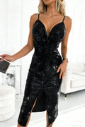 Sequin Deep V-Neck Twist-Front Long-Sleeve Midi Party Dress in Black