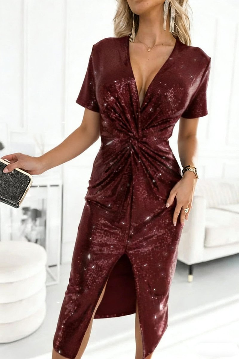 Sequin Deep V-Neck Twist-Front Long-Sleeve Midi Party Dress in Bordeaux
