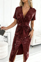 Sequin Deep V-Neck Twist-Front Long-Sleeve Midi Party Dress in Bordeaux