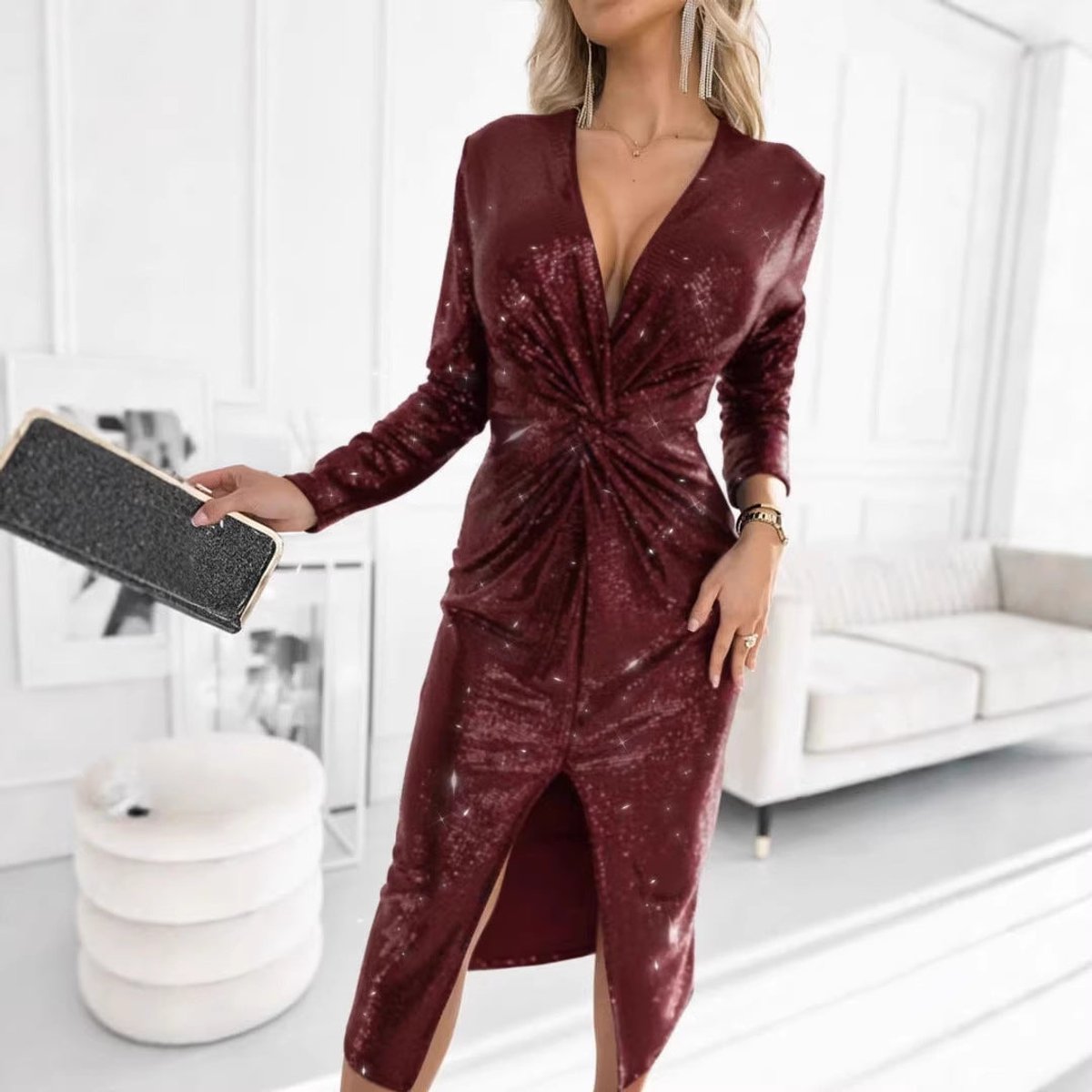 Sequin Deep V-Neck Twist-Front Long-Sleeve Midi Party Dress
