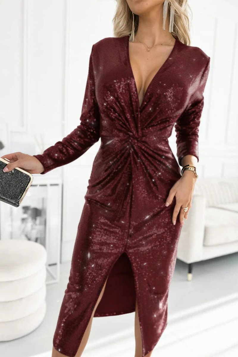 Sequin Deep V-Neck Twist-Front Long-Sleeve Midi Party Dress in Red