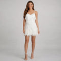 V-Neck Feather-Trim Fringe Mini Cocktail Party Dress in White