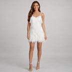 V-Neck Feather-Trim Fringe Mini Cocktail Party Dress in White