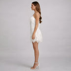 V-Neck Feather-Trim Fringe Mini Cocktail Party Dress