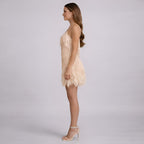 V-Neck Feather-Trim Fringe Mini Cocktail Party Dress