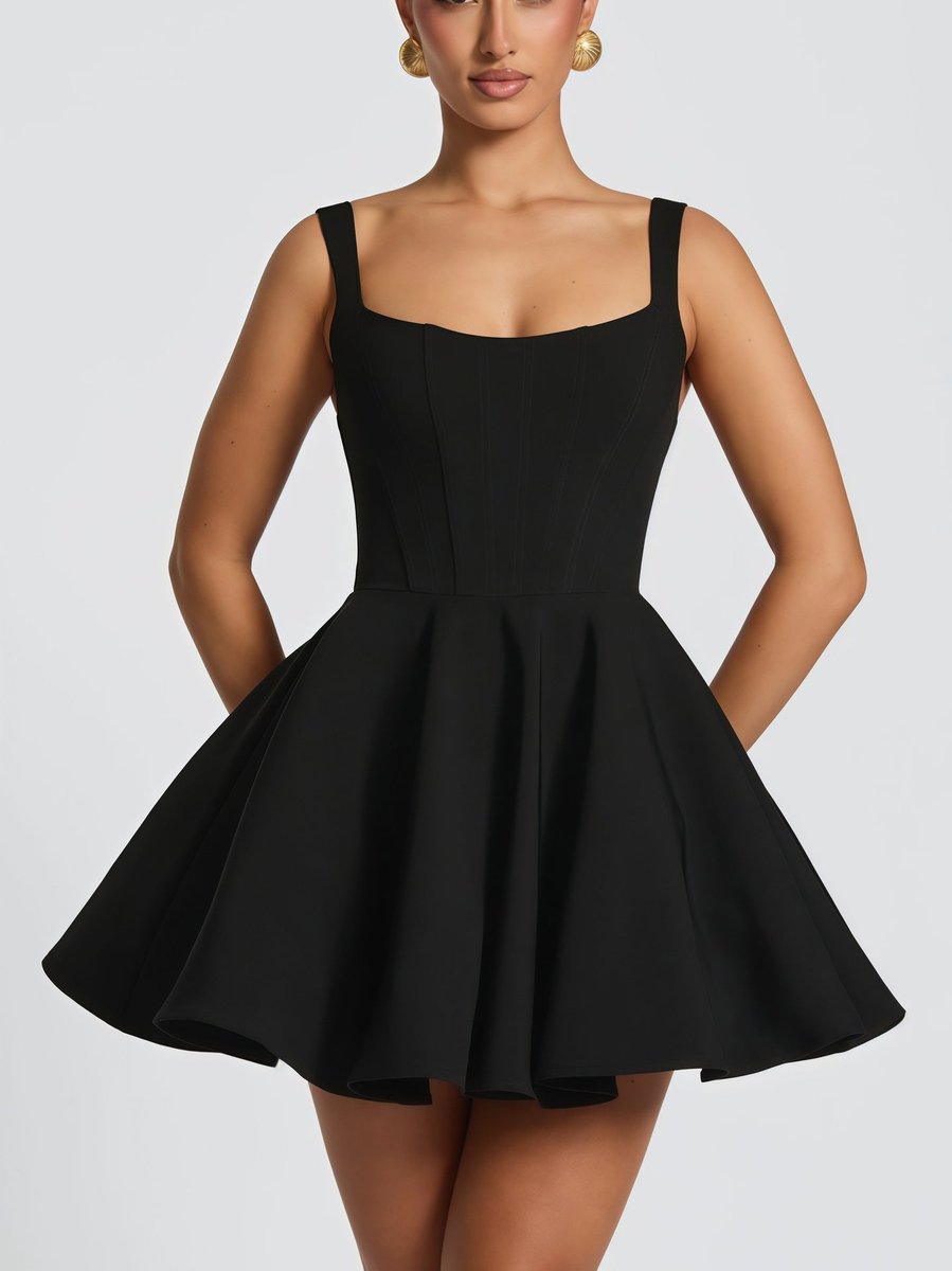 Square-Neck Oversized Bow A-Line Mini Cocktail Dress in Black