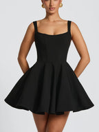 Square-Neck Oversized Bow A-Line Mini Cocktail Dress in Black