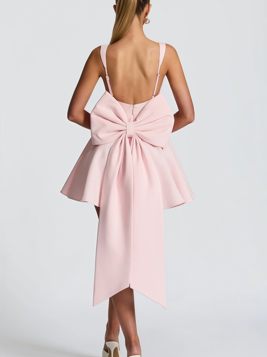 Square-Neck Oversized Bow A-Line Mini Cocktail Dress in Pink