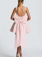 Square-Neck Oversized Bow A-Line Mini Cocktail Dress in Pink