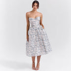 Strapless Sweetheart Corset Satin Midi Cocktail Dress in Rose
