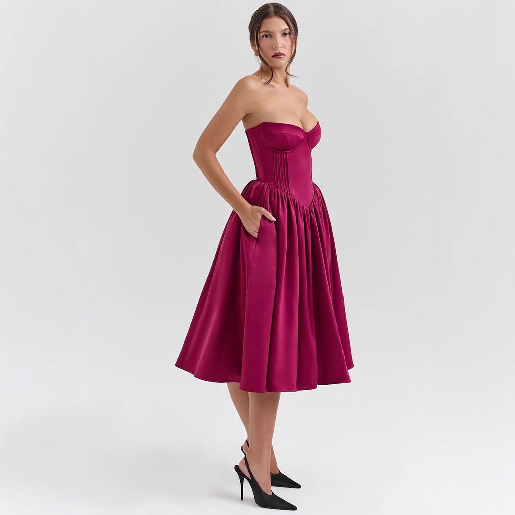 Strapless Sweetheart Corset Satin Midi Cocktail Dress in Magenta