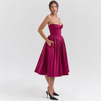 Strapless Sweetheart Corset Satin Midi Cocktail Dress in Magenta