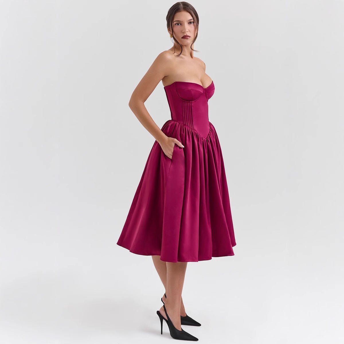 Strapless Sweetheart Corset Satin Midi Cocktail Dress in Magenta