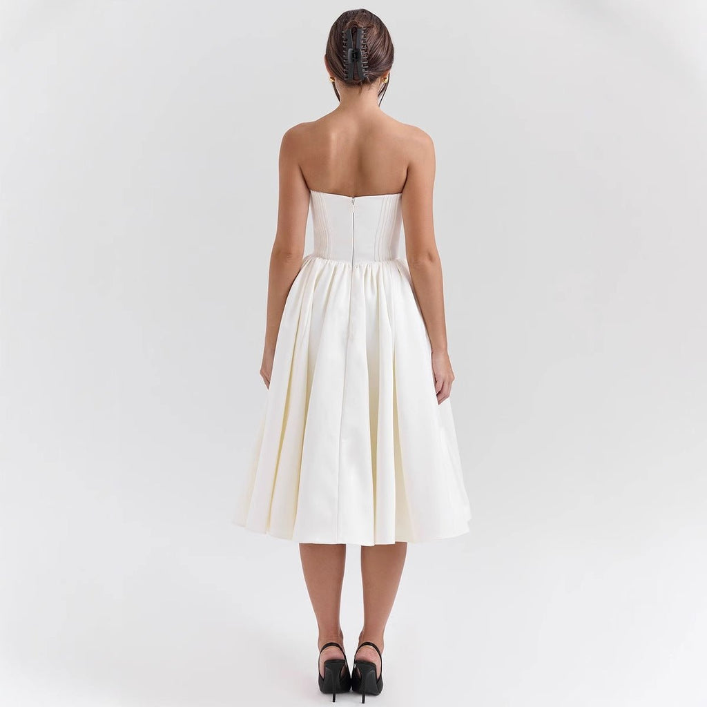 Strapless Sweetheart Corset Satin Midi Cocktail Dress