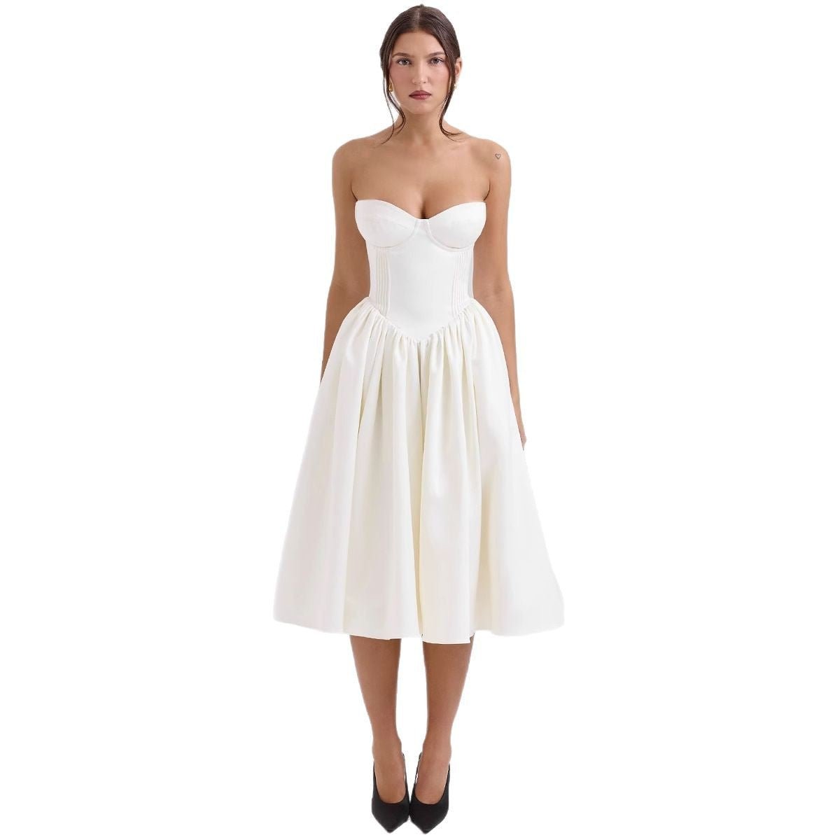 Strapless Sweetheart Corset Satin Midi Cocktail Dress