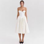Strapless Sweetheart Corset Satin Midi Cocktail Dress in White