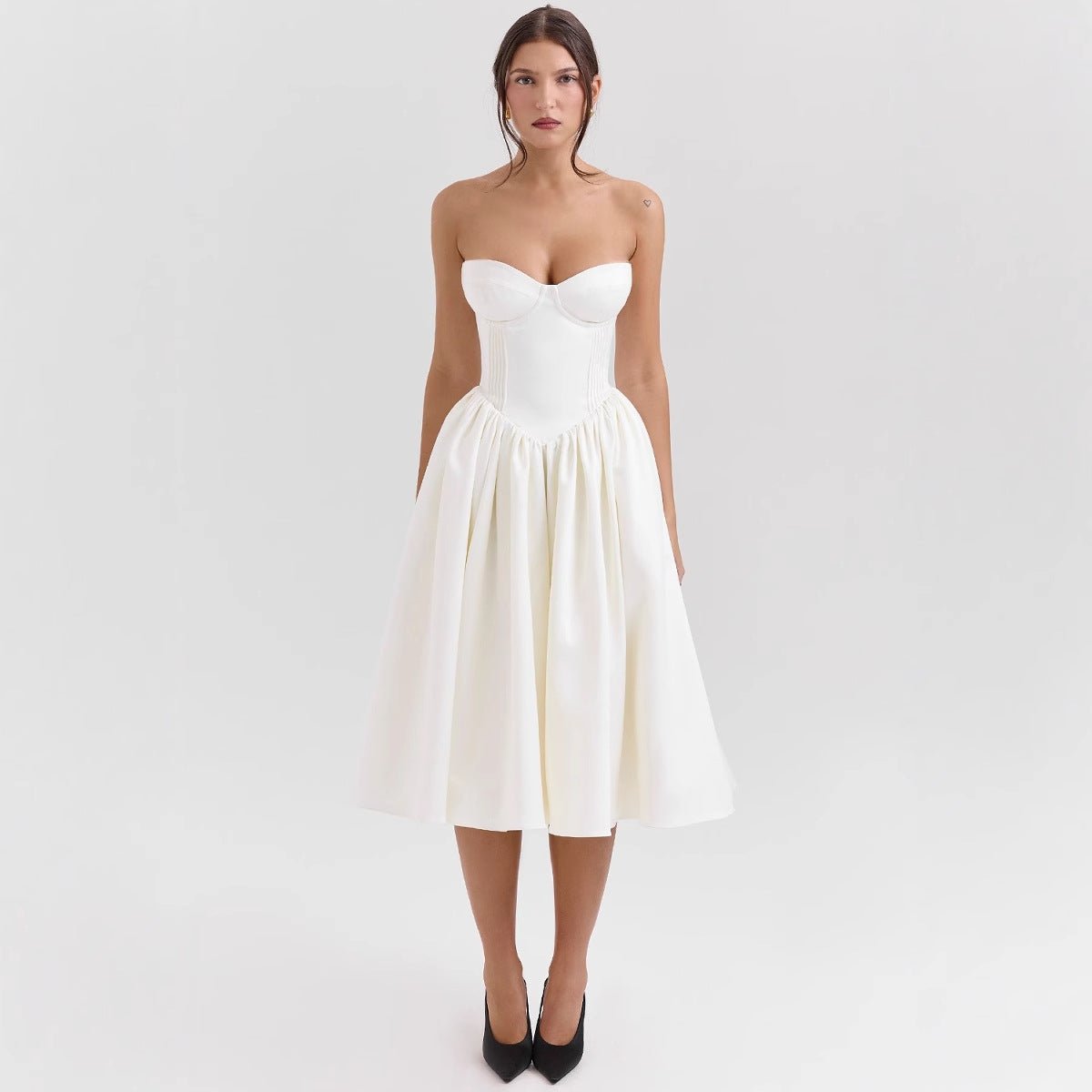 Strapless Sweetheart Corset Satin Midi Cocktail Dress in White