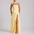 Strapless Scarf-Neck Corset-Back Maxi Wedding Guest Dress in Yellow