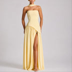 Strapless Scarf-Neck Corset-Back Maxi Wedding Guest Dress in Yellow