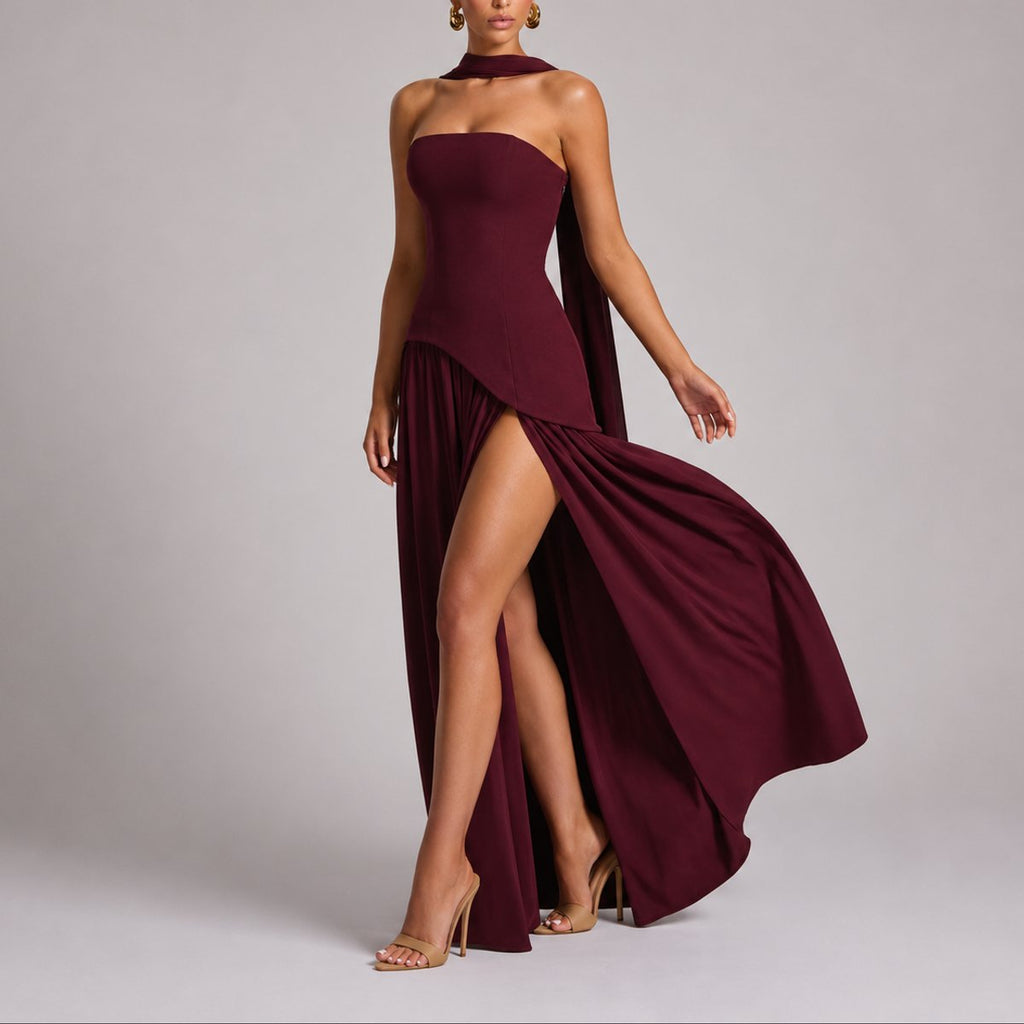 Strapless Scarf-Neck Corset-Back Maxi Wedding Guest Dress in Red