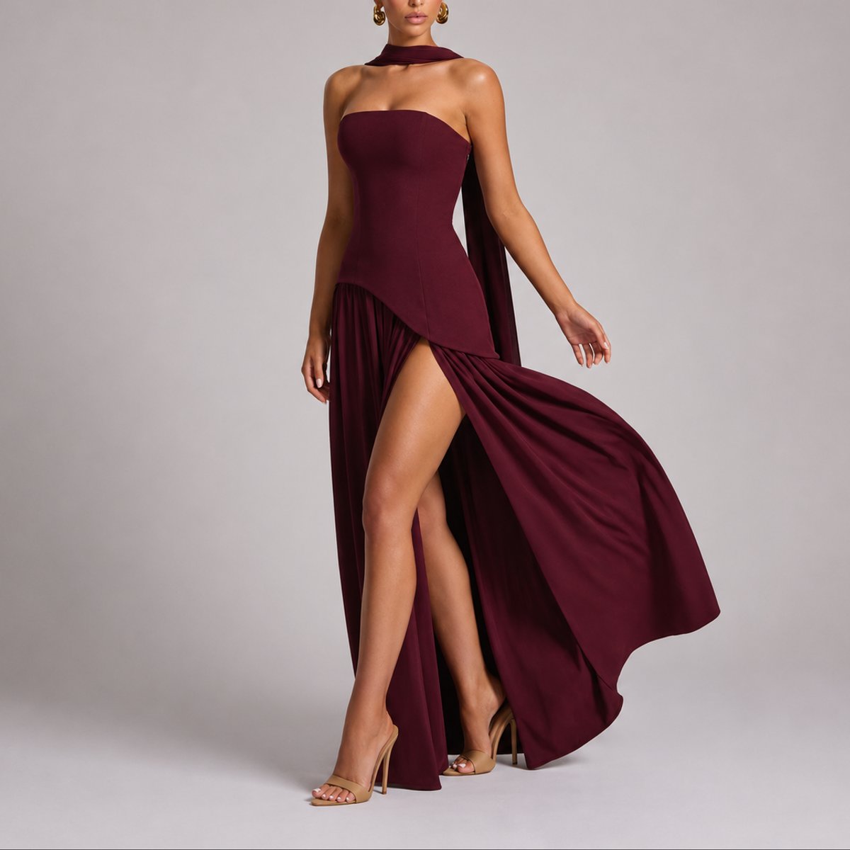 Strapless Scarf-Neck Corset-Back Maxi Wedding Guest Dress in Red