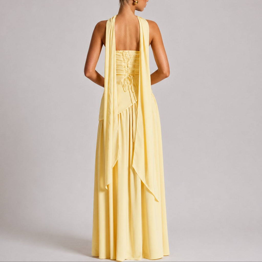 Strapless Scarf-Neck Corset-Back Maxi Wedding Guest Dress