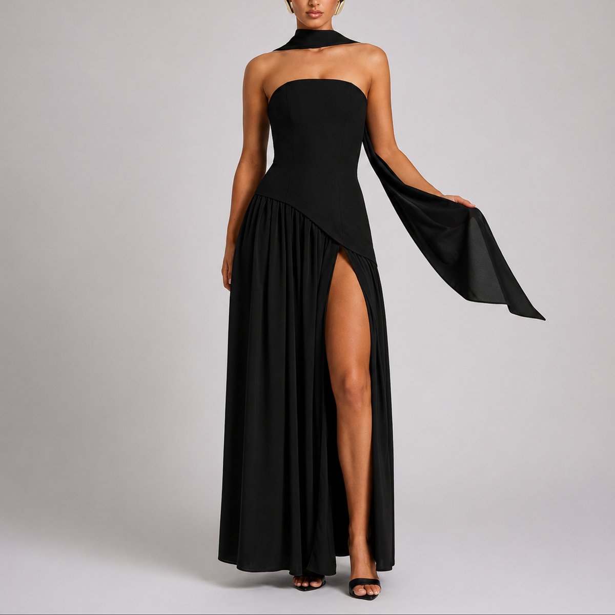 Strapless Scarf-Neck Corset-Back Maxi Wedding Guest Dress in Black