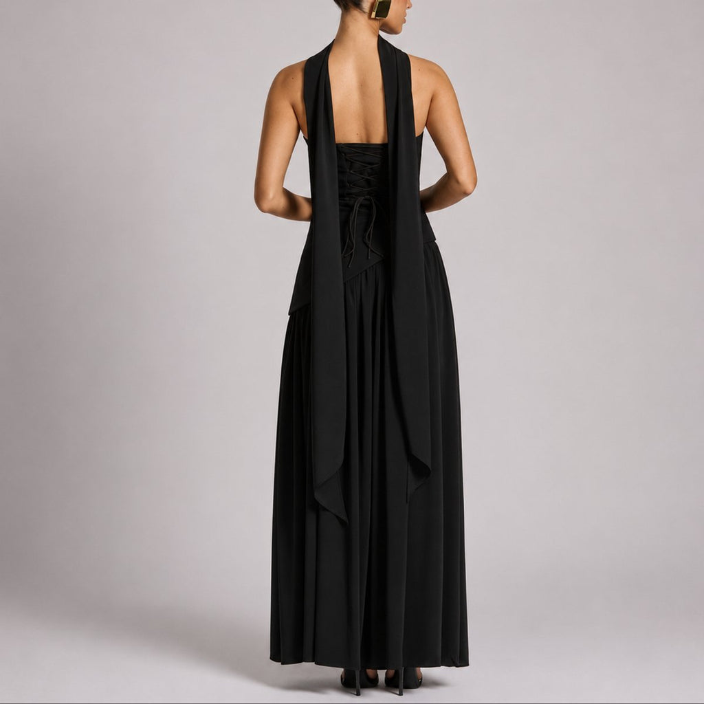 Strapless Scarf-Neck Corset-Back Maxi Wedding Guest Dress