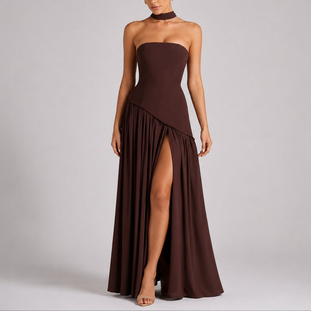 Strapless Scarf-Neck Corset-Back Maxi Wedding Guest Dress in Brow