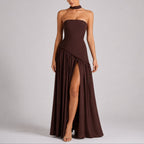 Strapless Scarf-Neck Corset-Back Maxi Wedding Guest Dress in Brow