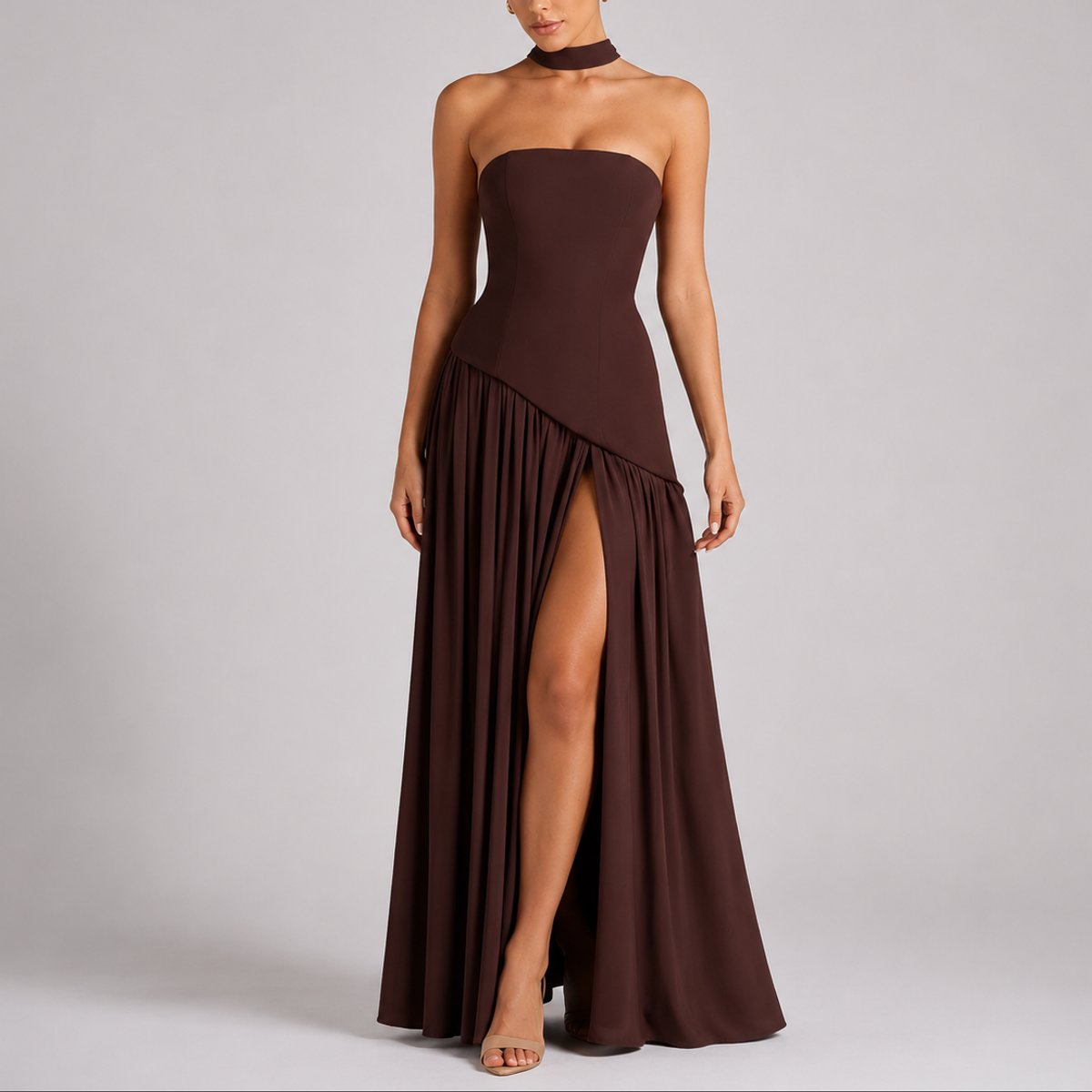 Strapless Scarf-Neck Corset-Back Maxi Wedding Guest Dress in Brow