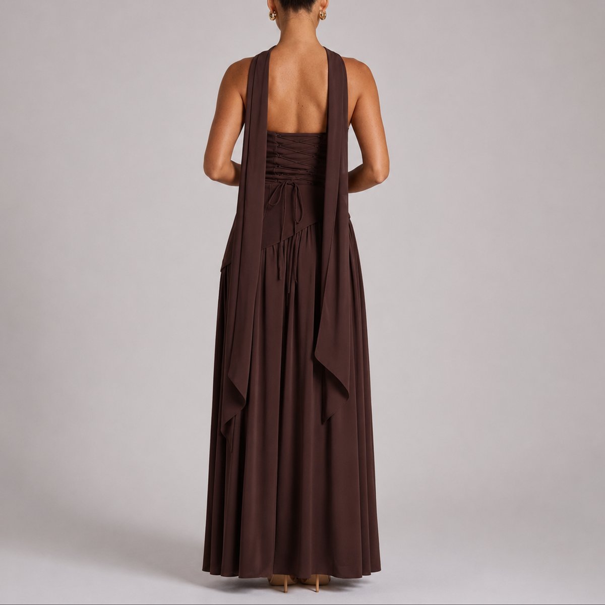 Strapless Scarf-Neck Corset-Back Maxi Wedding Guest Dress