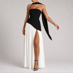 Strapless Scarf-Neck Corset-Back Maxi Wedding Guest Dress in White