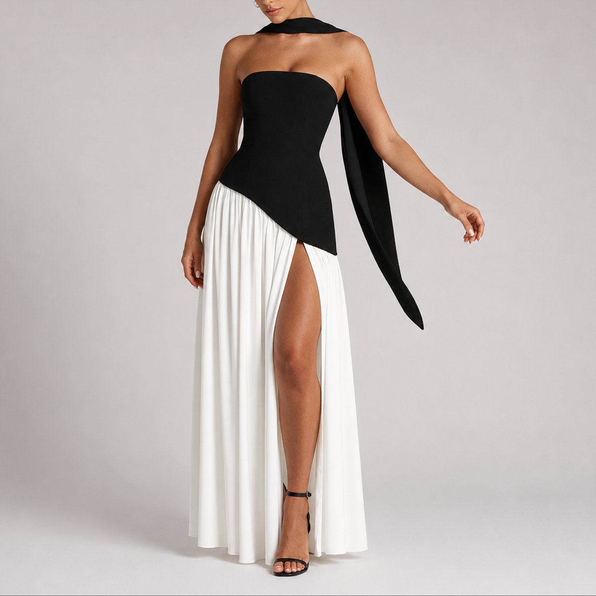 Strapless Scarf-Neck Corset-Back Maxi Wedding Guest Dress in White