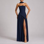 Strapless Scarf-Neck Corset-Back Maxi Wedding Guest Dress in Navy