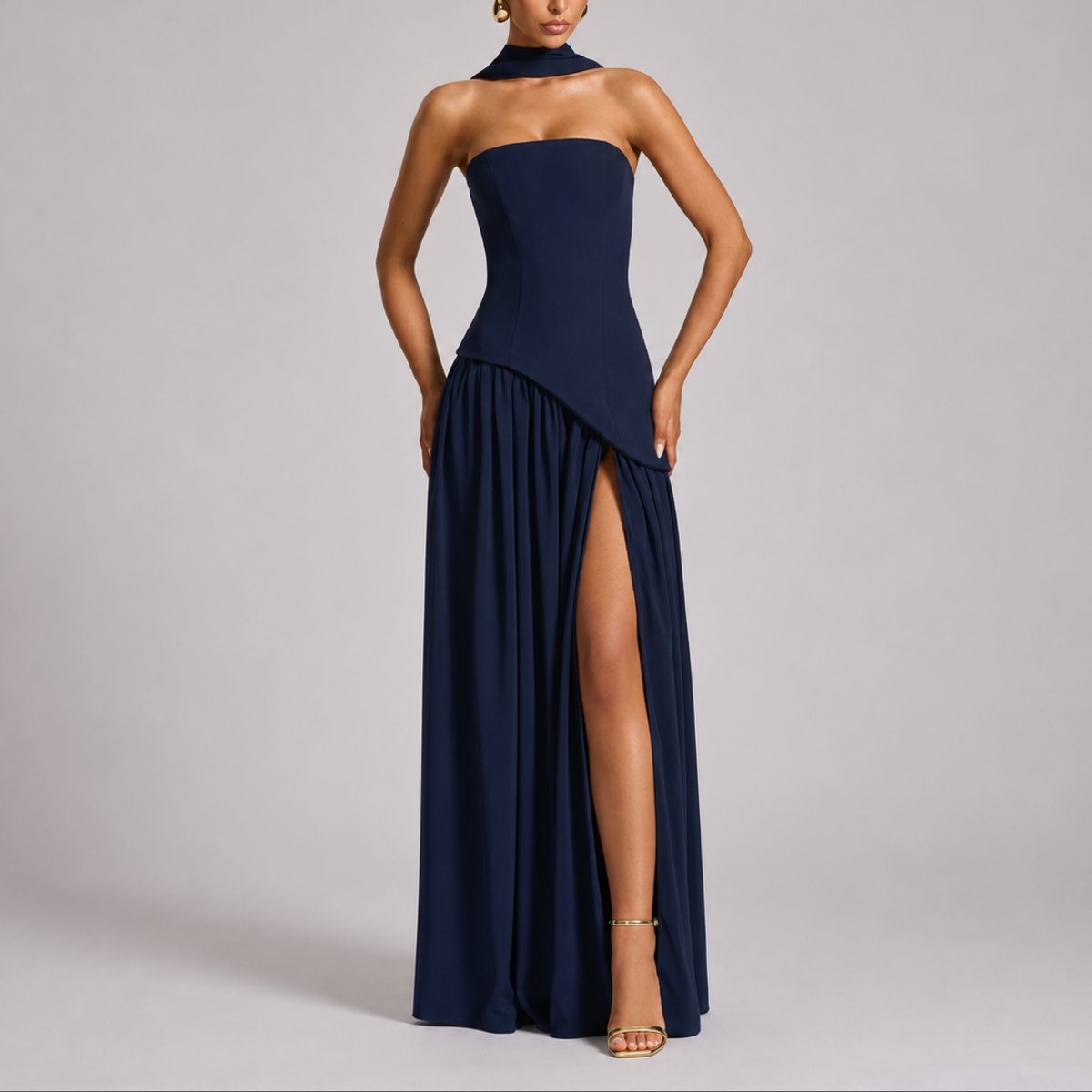 Strapless Scarf-Neck Corset-Back Maxi Wedding Guest Dress in Navy