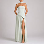 Strapless Scarf-Neck Corset-Back Maxi Wedding Guest Dress in Light Gree