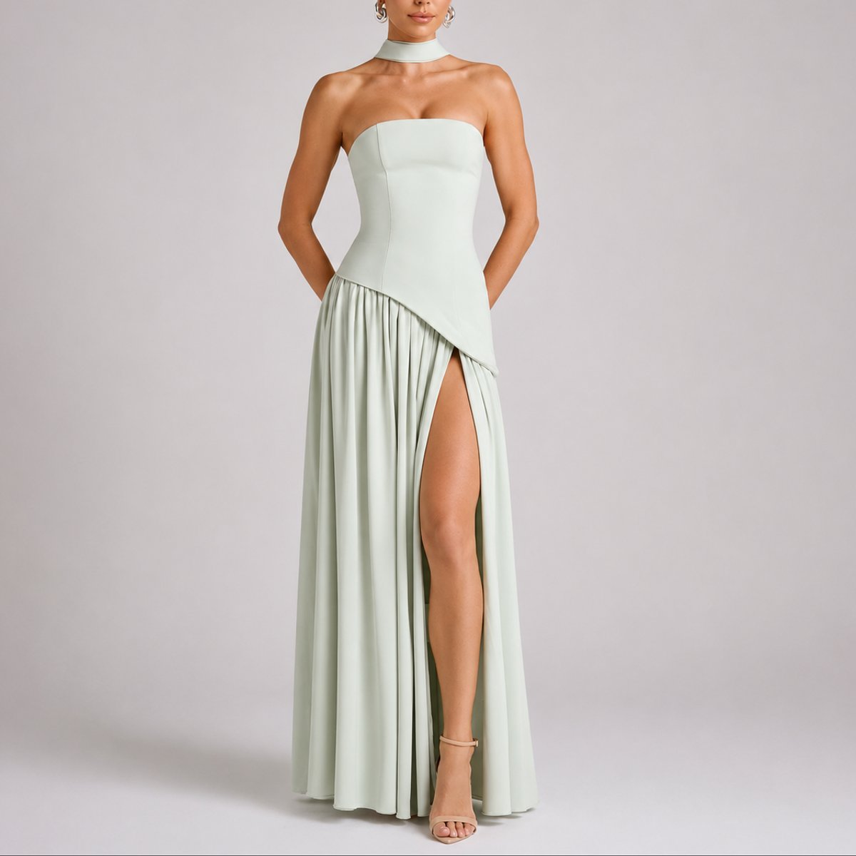 Strapless Scarf-Neck Corset-Back Maxi Wedding Guest Dress in Light Gree