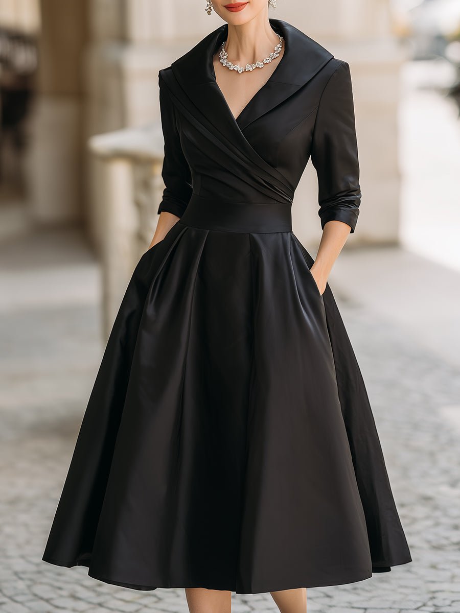 Shawl Collar Wrap Bodice Pleated Satin Midi Cocktail Dress in Black