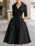 Shawl Collar Wrap Bodice Pleated Satin Midi Cocktail Dress in Black
