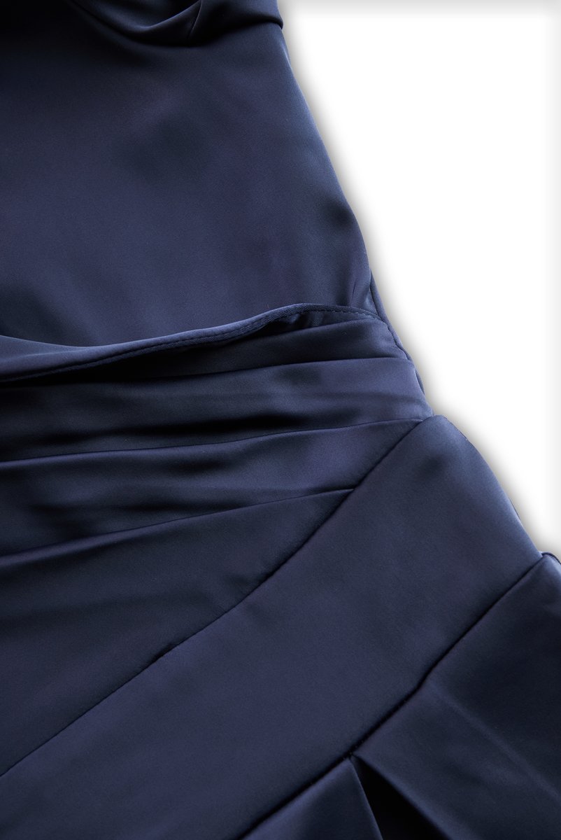 Shawl Collar Wrap Bodice Pleated Satin Midi Cocktail Dress