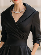 Shawl Collar Wrap Bodice Pleated Satin Midi Cocktail Dress