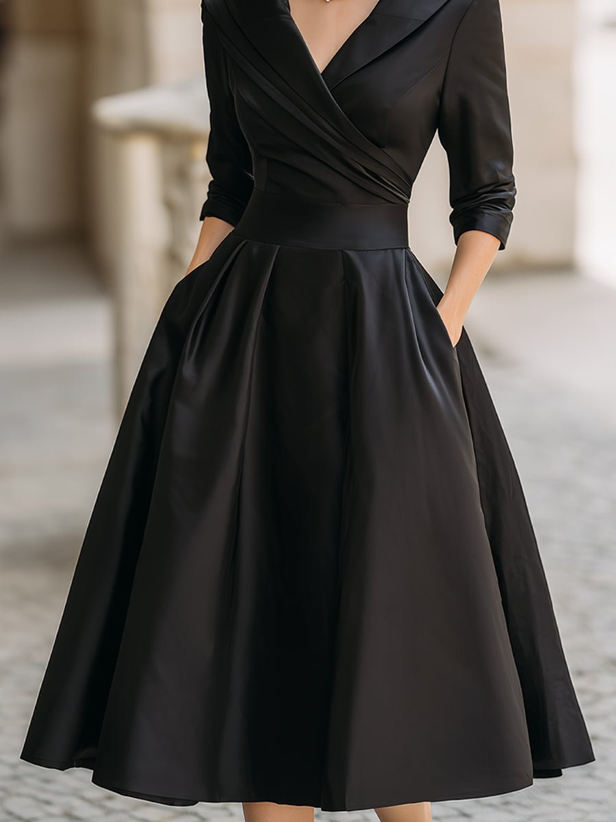 Shawl Collar Wrap Bodice Pleated Satin Midi Cocktail Dress