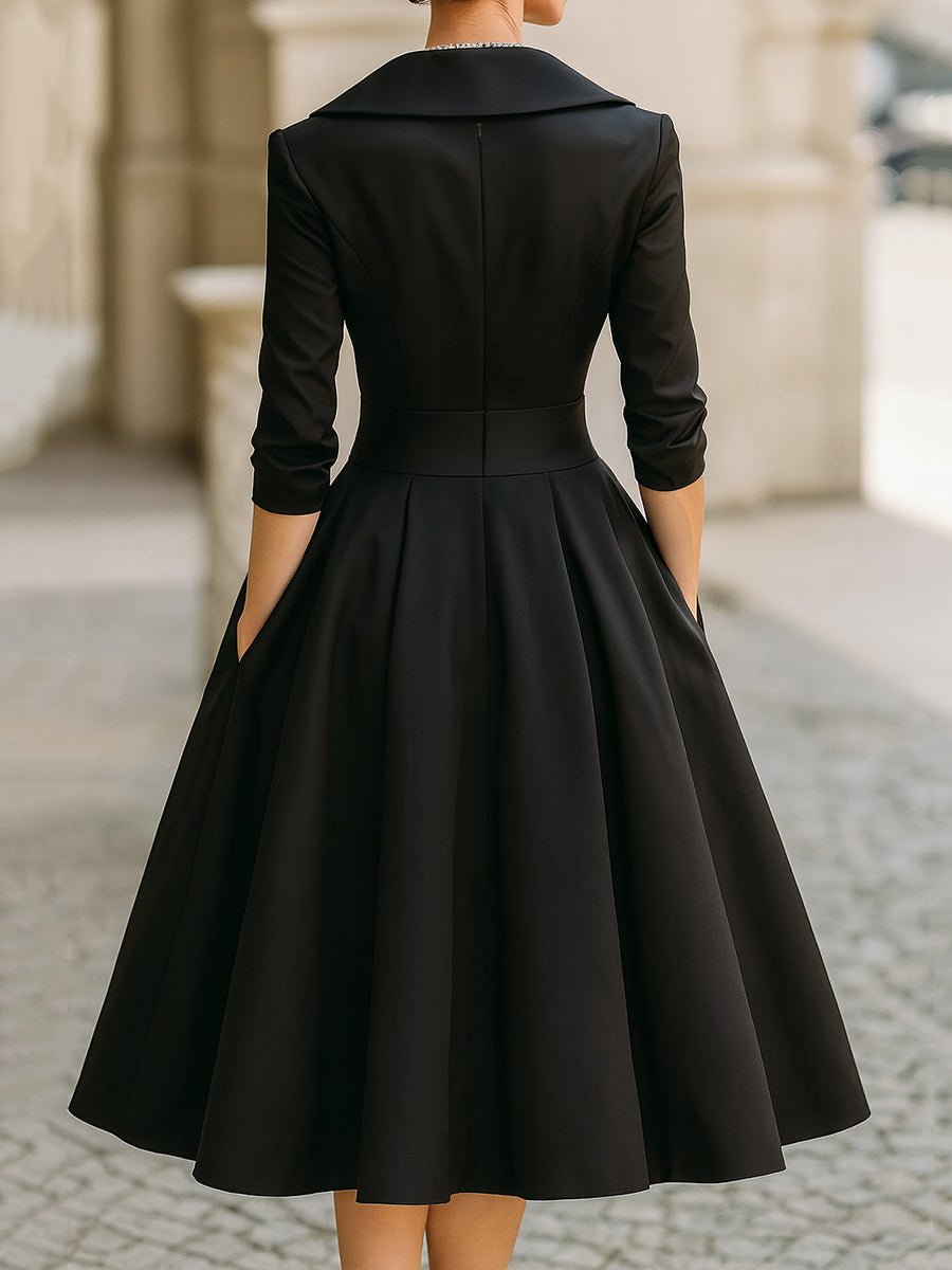 Shawl Collar Wrap Bodice Pleated Satin Midi Cocktail Dress