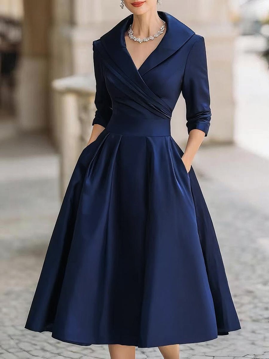 Shawl Collar Wrap Bodice Pleated Satin Midi Cocktail Dress in Navy