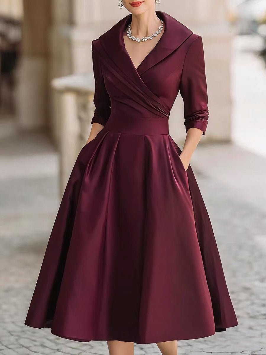 Shawl Collar Wrap Bodice Pleated Satin Midi Cocktail Dress in Wine Red