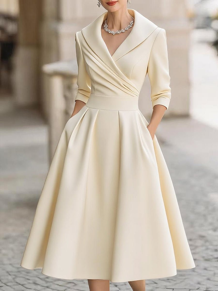 Shawl Collar Wrap Bodice Pleated Satin Midi Cocktail Dress in Beige