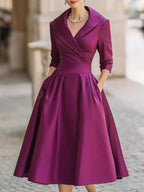 Shawl Collar Wrap Bodice Pleated Satin Midi Cocktail Dress in Purple